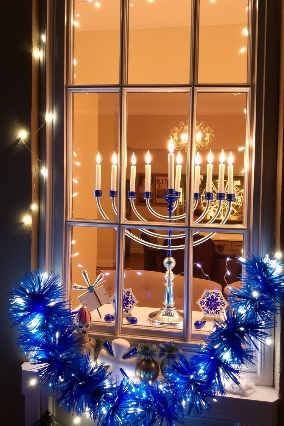 Creative window displays with lights. The windows are adorned with twinkling fairy lights that outline the frames and create a warm glow. Hanukkah decorating ideas. A large blue and silver menorah takes center stage on the windowsill, surrounded by decorative dreidels and vibrant blue and white garlands.