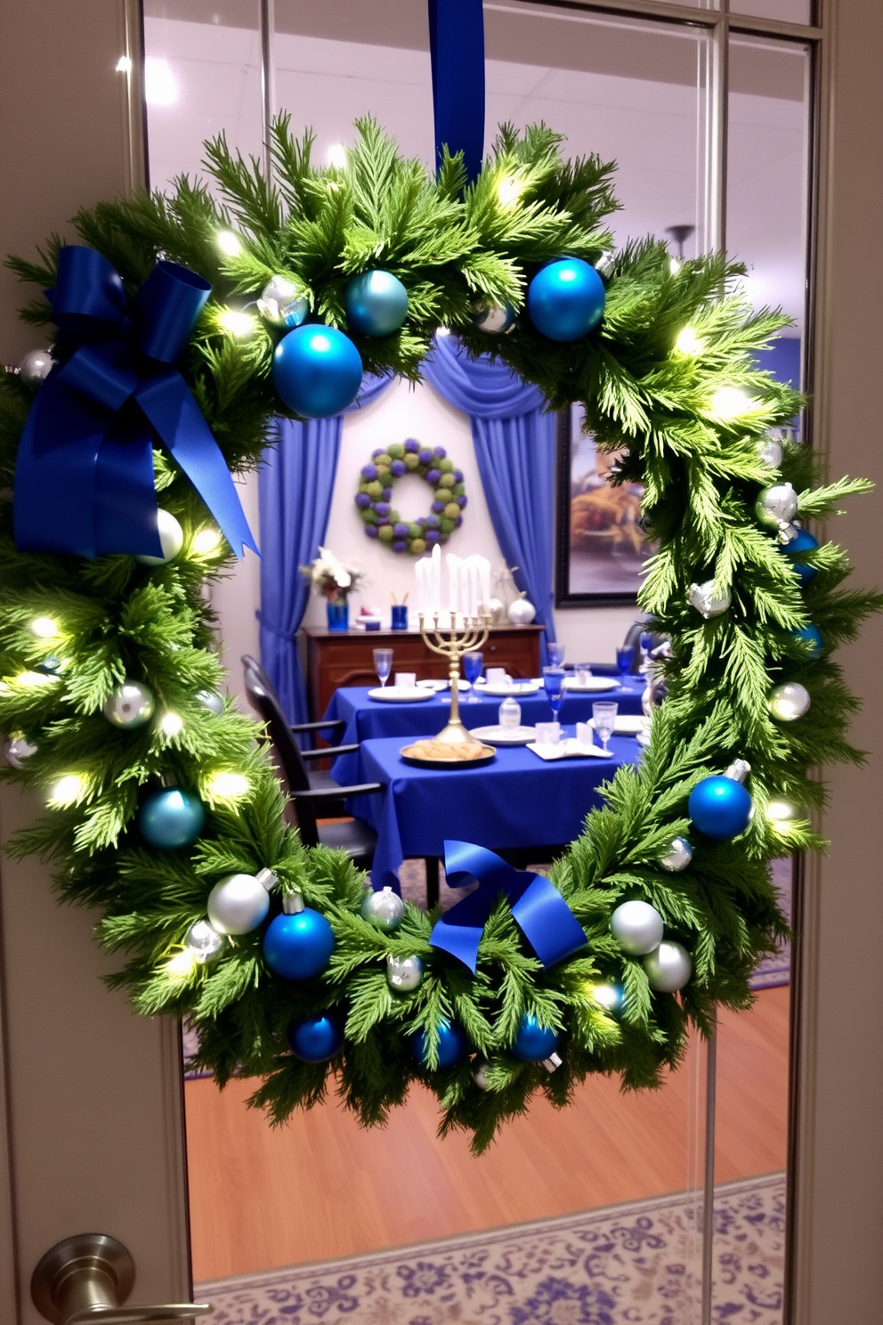 A charming Hanukkah wreath adorns the front door, crafted from fresh greens and adorned with blue and silver ornaments. Soft white lights twinkle around the wreath, creating a warm and inviting entrance for the holiday season. Inside, the living room is decorated with a beautiful blue and silver color scheme, featuring a festive table set with traditional Hanukkah treats. A menorah stands proudly on the mantle, surrounded by candles and decorative dreidels, enhancing the joyful atmosphere.