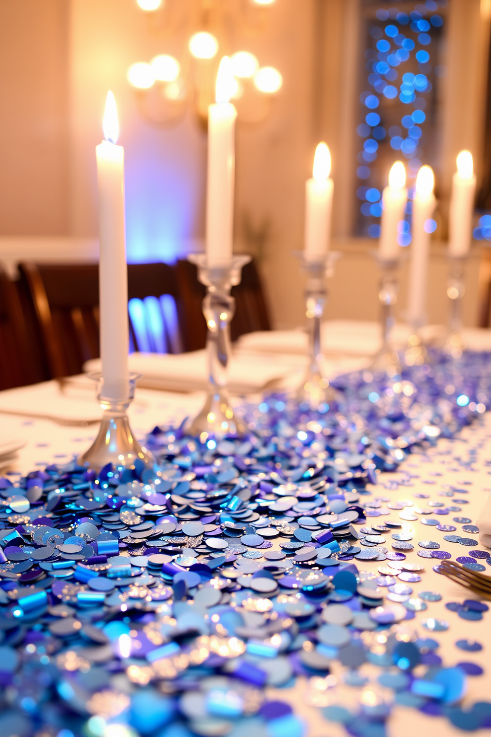 A festive dining table adorned with glittery table confetti in various shades of blue and silver. The confetti sparkles under the warm glow of candlelight, enhancing the joyful atmosphere of the Hanukkah celebration.