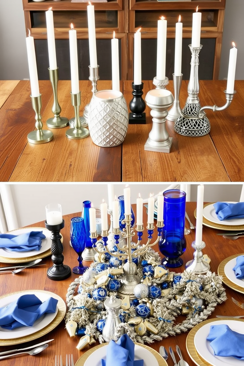 Unique candle holders in various styles are displayed on a rustic wooden table. Each holder showcases a different material and design, from sleek metal to intricate ceramic, creating an eclectic yet harmonious arrangement. For Hanukkah decorating ideas, a beautifully set table features blue and silver accents, with a menorah as the centerpiece. Surrounding the menorah are festive decorations, including dreidels and gelt, enhancing the celebratory atmosphere.