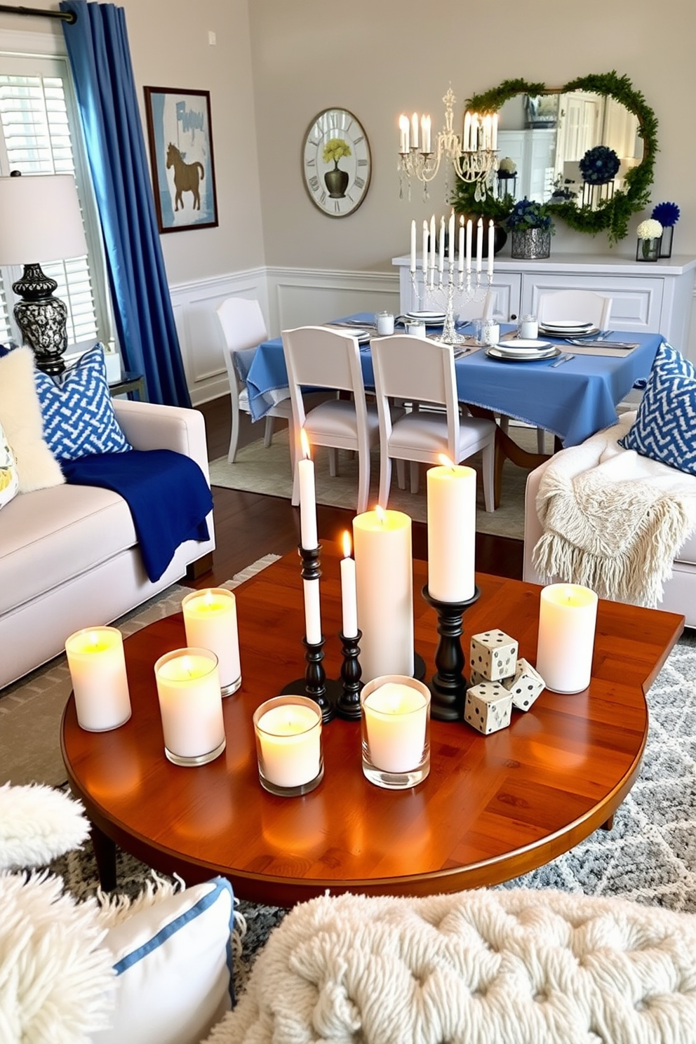 A cozy living room setting adorned with scented candles of various heights placed on a wooden coffee table. The warm glow from the candles creates an inviting atmosphere, complemented by plush sofas and soft throw blankets. A festive dining area beautifully decorated for Hanukkah with a blue and white color scheme. The table is set with elegant dishes, menorah centerpiece, and decorative dreidels, enhancing the celebratory spirit of the holiday.