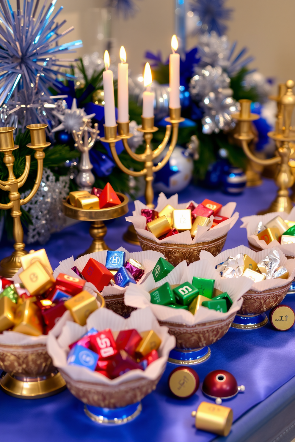 A festive living room decorated for Hanukkah. A large wreath adorned with blue ornaments hangs on the front door, welcoming guests with a touch of holiday cheer. Inside, the mantel is draped with blue and silver garlands. Menorahs and dreidels are artfully arranged on the coffee table, creating a warm and inviting atmosphere.