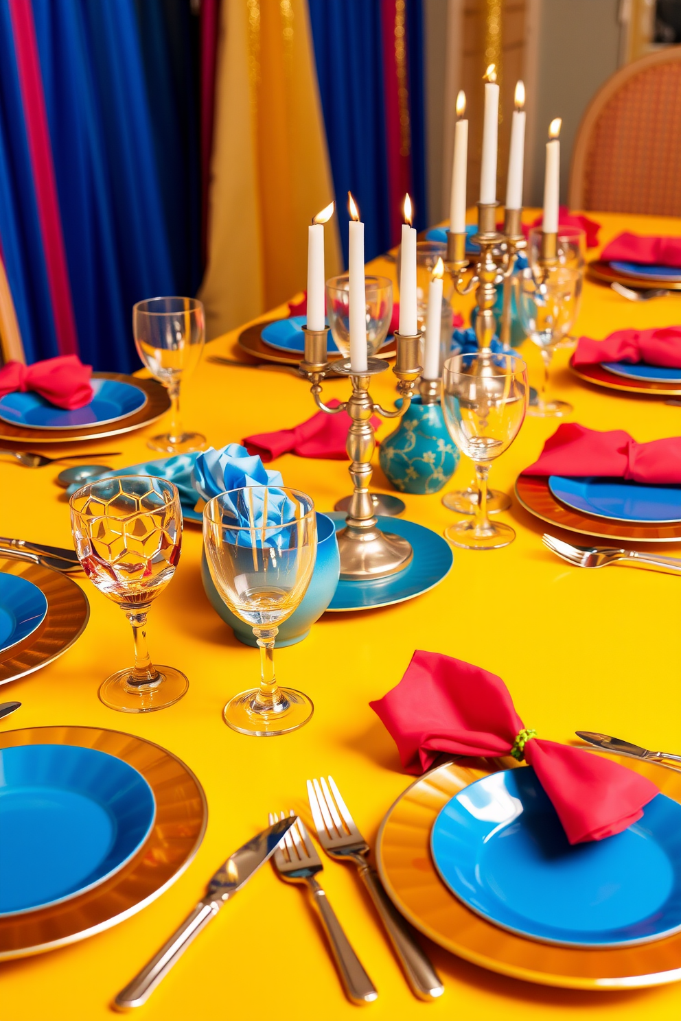 A vibrant table setting adorned with an array of brightly colored tableware for Hanukkah festivities. The table is beautifully arranged with blue and gold plates, shimmering silver utensils, and colorful napkins, creating a joyful and celebratory atmosphere.