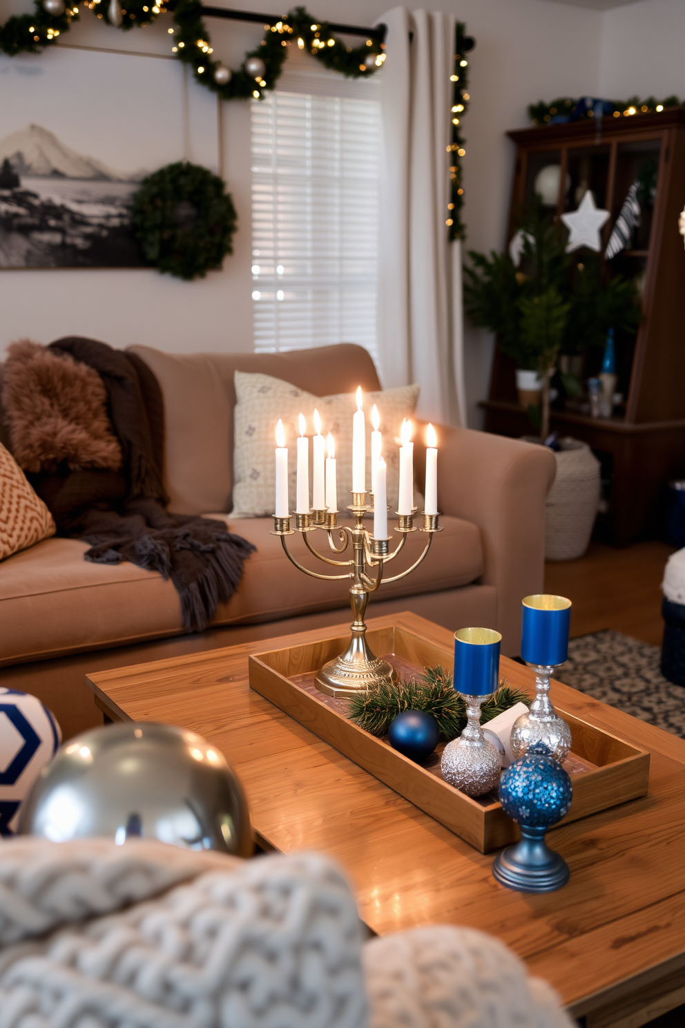 A warm and inviting living room features layered textures with cozy throws draped over a plush sofa. The space is adorned with festive Hanukkah decorations, including a beautifully lit menorah on the coffee table and blue and silver accents throughout.