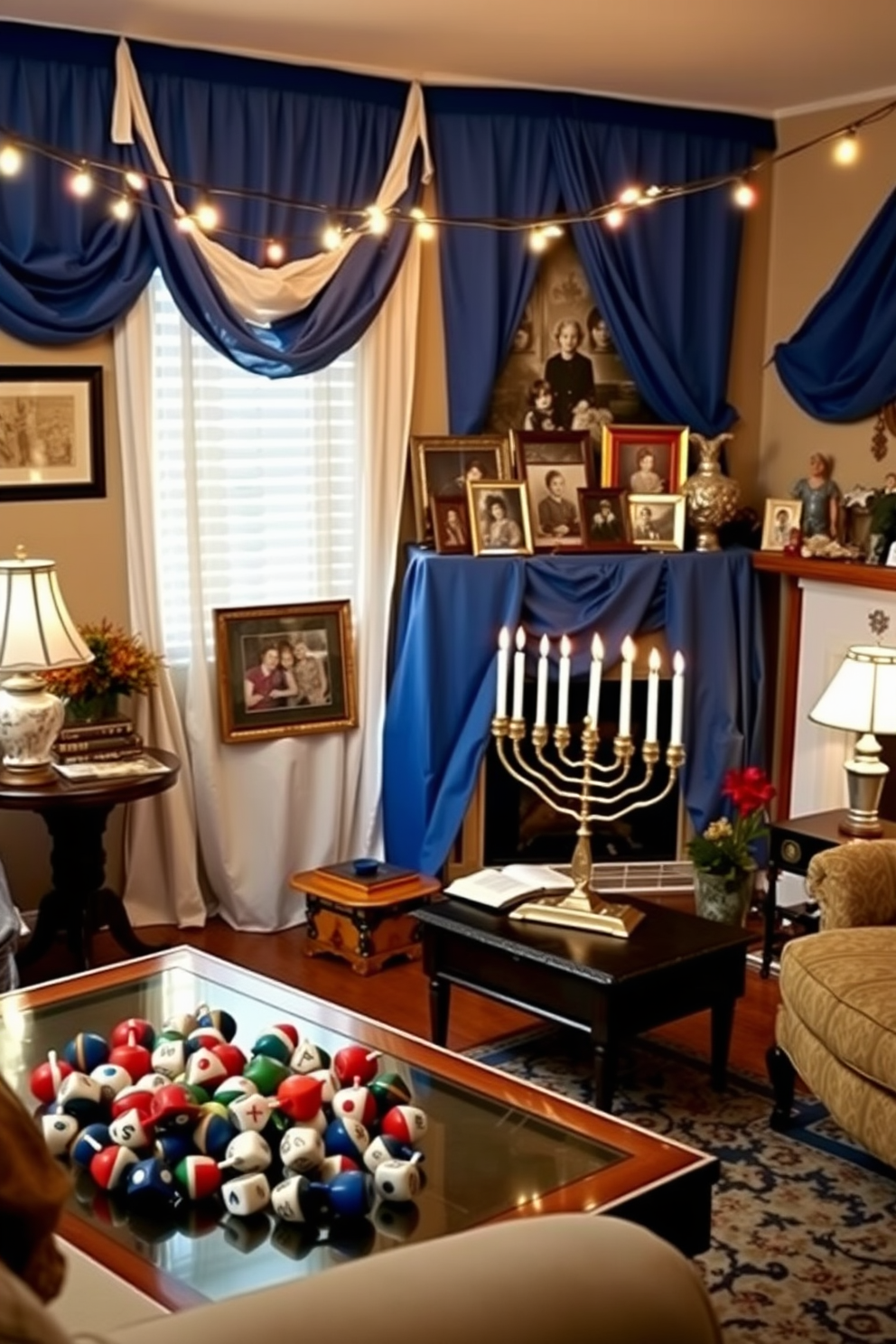 A cozy living room adorned with vintage Hanukkah decorations. The walls are draped with blue and white fabric, and a large menorah sits on the coffee table surrounded by colorful dreidels. String lights twinkle above, casting a warm glow over the space. A collection of family photos from past Hanukkah celebrations is displayed on the mantel, adding a personal touch to the nostalgic atmosphere.