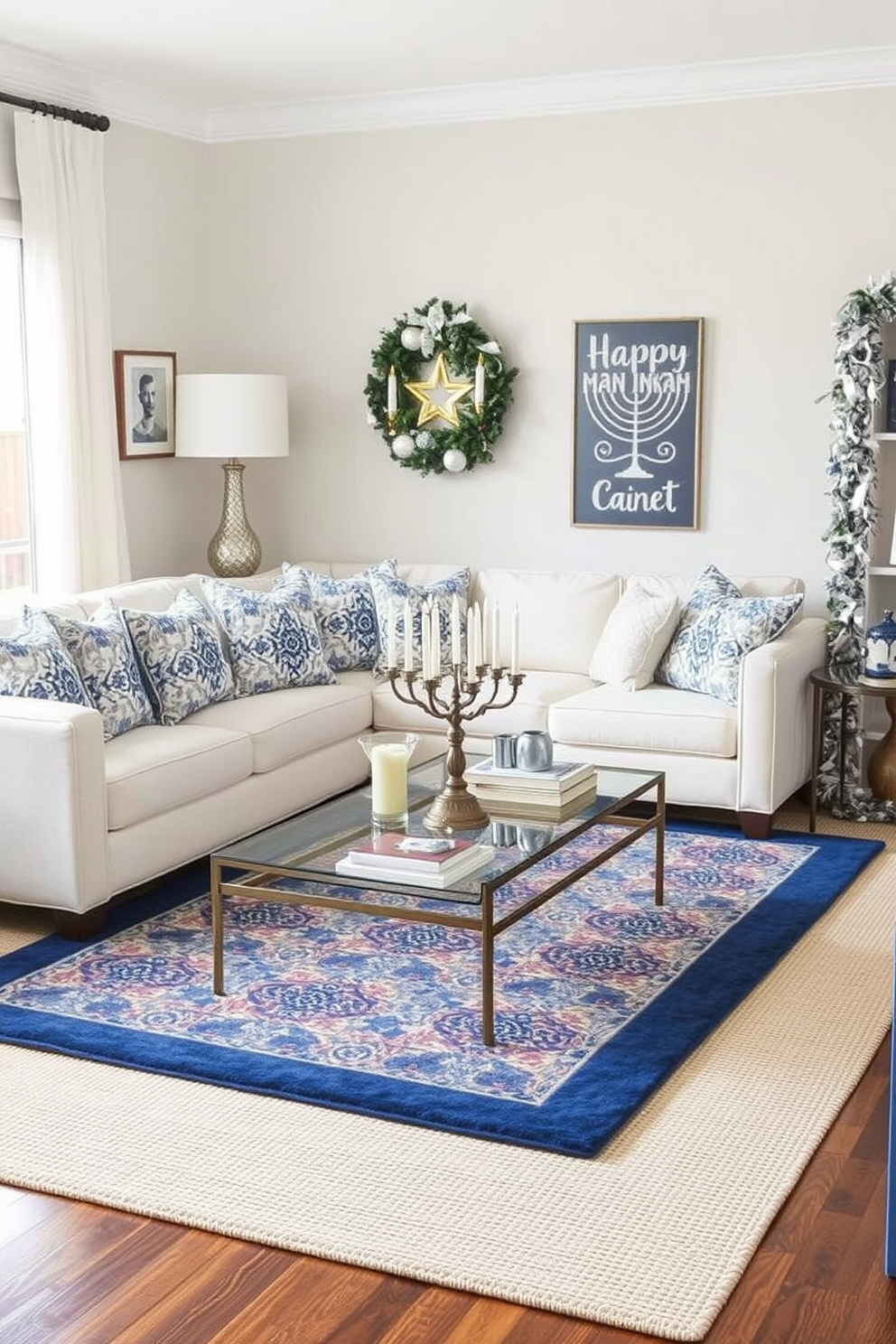 Layered rugs create a cozy and inviting atmosphere in any room. The top rug features a vibrant pattern while the bottom rug is a solid neutral color, enhancing the overall warmth of the space. For Hanukkah decorating ideas, incorporate blue and silver accents throughout your home. Use menorahs as centerpieces and hang decorative garlands to celebrate the festival of lights.