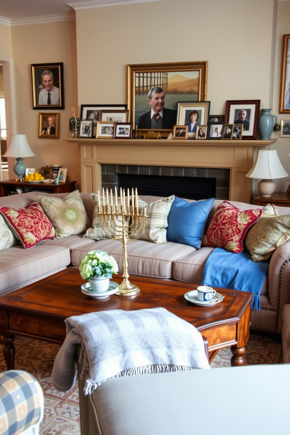 A cozy living room filled with warmth and character. A vintage wooden coffee table sits in the center, surrounded by a plush sofa adorned with colorful cushions that reflect family heirlooms. On the mantelpiece, a collection of framed family photos is displayed alongside a beautiful menorah, adding a personal touch to the space. Soft blue and silver decor elements are scattered throughout, creating a festive atmosphere for Hanukkah celebrations.