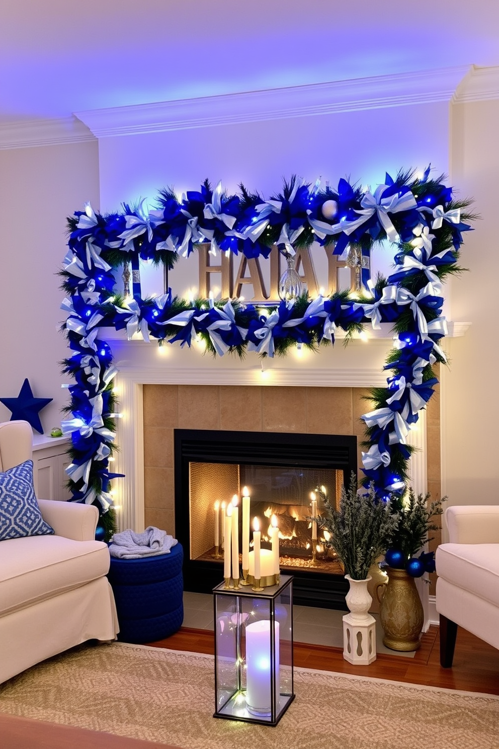 A cozy living room adorned for Hanukkah. Festive garlands in blue and silver hues are elegantly draped across the mantel, complemented by twinkling fairy lights.