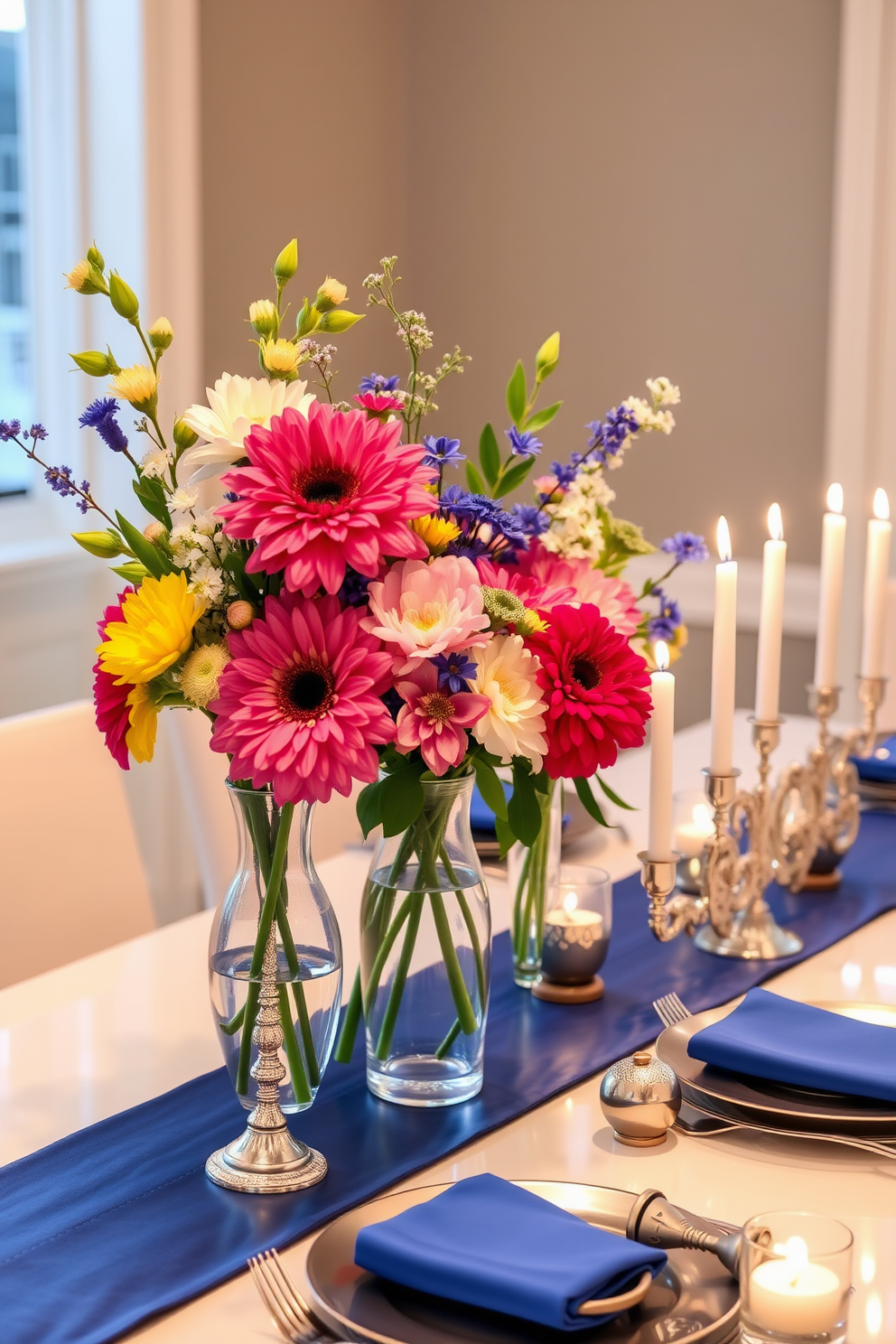 Chic glass vases filled with seasonal flowers are placed on a sleek dining table, adding a touch of elegance to the festive atmosphere. The vases are arranged in varying heights, showcasing an array of vibrant blooms that complement the holiday decor. For Hanukkah decorating ideas, a beautifully set table features a blue and silver color palette, with menorahs and dreidels as centerpieces. Soft candlelight flickers from decorative holders, creating a warm and inviting ambiance for family gatherings.