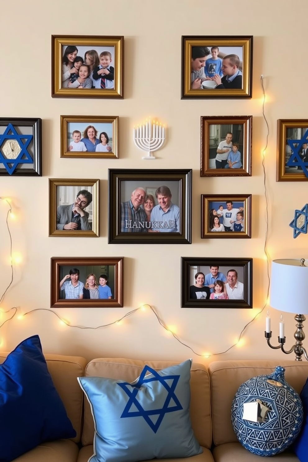 Framed family photos adorn the walls, showcasing cherished memories from past Hanukkah celebrations. Each frame is intricately designed, featuring motifs of menorahs and dreidels that enhance the festive atmosphere. The room is filled with warm, inviting colors, with blue and silver accents reflecting the spirit of Hanukkah. Decorative elements such as string lights and traditional symbols are thoughtfully arranged to create a cozy and joyous ambiance.