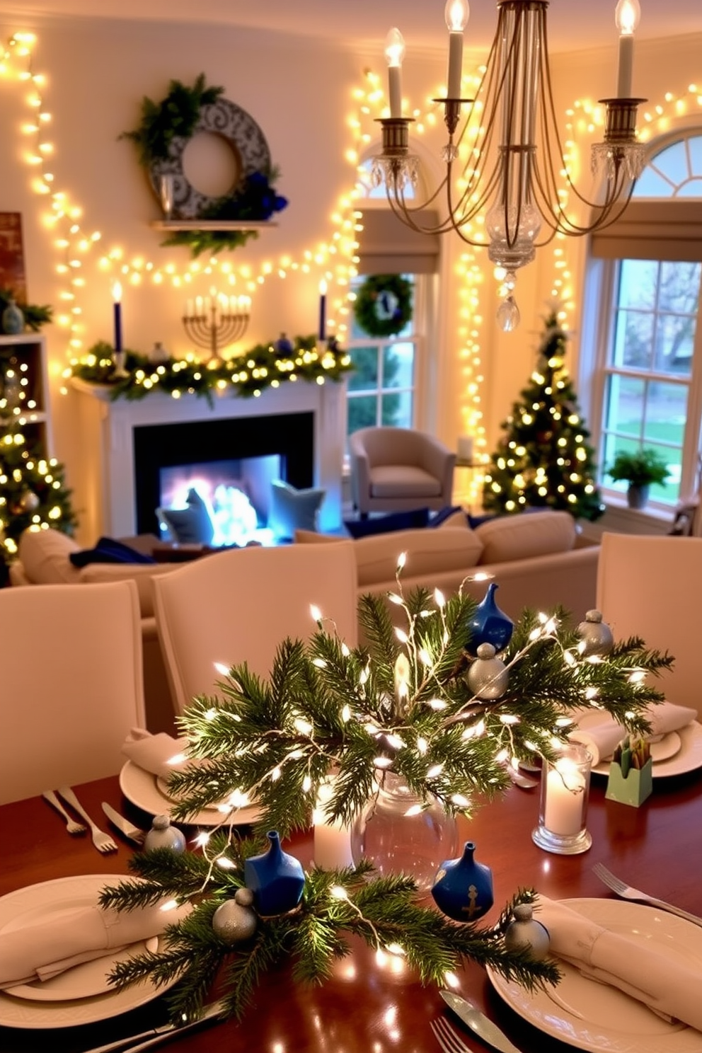 Chic tableware is elegantly arranged for a festive Hanukkah celebration. The silver plates are complemented by rich blue accents, creating a harmonious and sophisticated dining experience. Delicate blue and silver napkins are artfully folded beside each place setting. Sparkling menorahs and decorative dreidels add a festive touch to the beautifully set table.