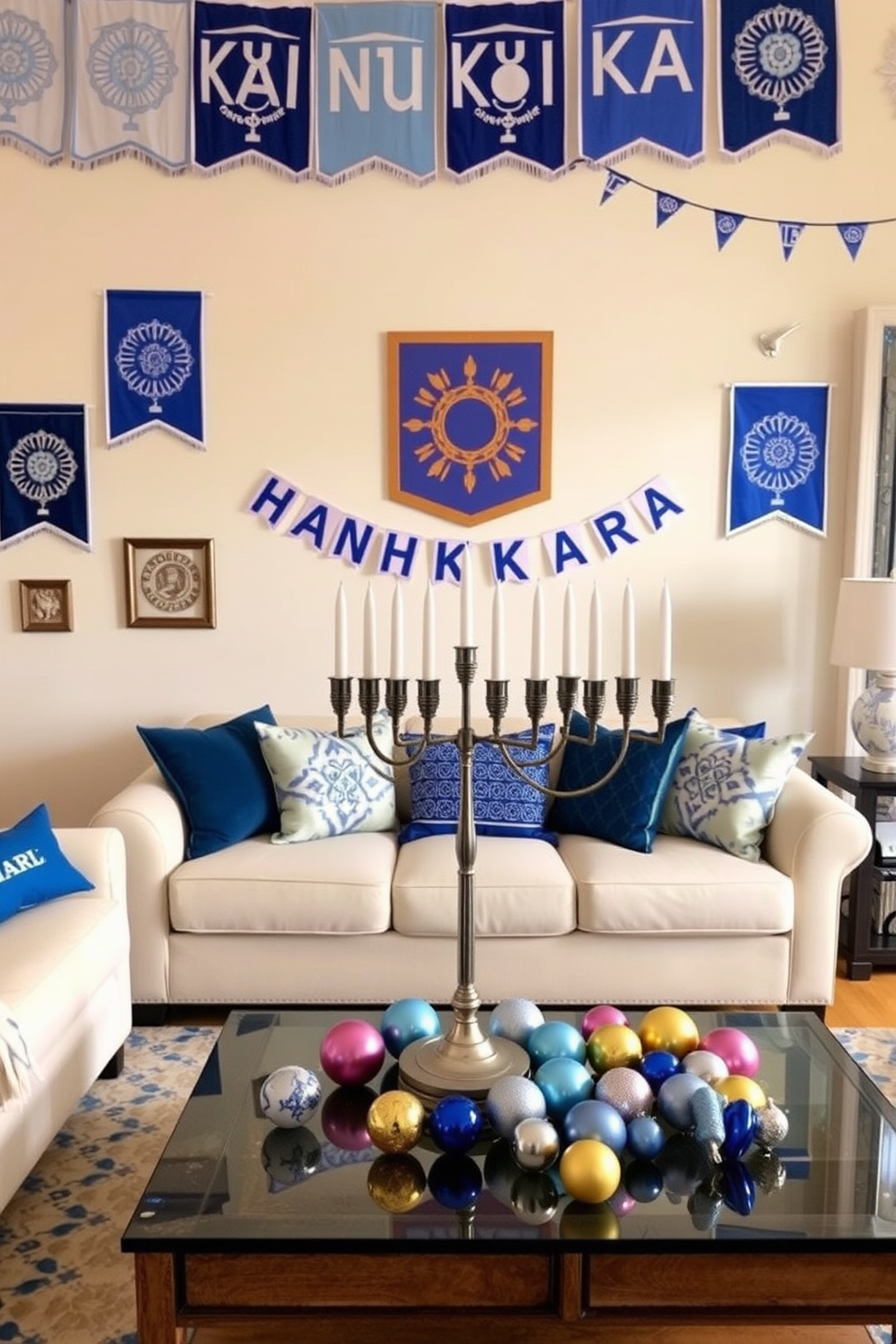 A vibrant living room adorned with colorful banners celebrating the holiday Hanukkah. The walls are decorated with blue and silver accents, while a large menorah stands on the coffee table surrounded by festive ornaments.