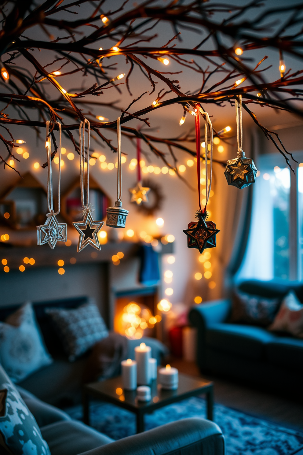 A cozy living room adorned with handmade ornaments hanging from branches. The warm glow of string lights complements the festive atmosphere, creating a welcoming space for family gatherings during Hanukkah.