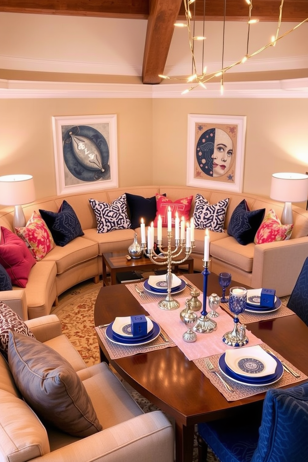 Cushioned seating areas for gatherings should feature plush, oversized sofas arranged in a circular layout to encourage conversation. Add vibrant throw pillows in various textures and colors to create a warm and inviting atmosphere. For Hanukkah decorating ideas, incorporate a beautiful menorah as the centerpiece on a dining table adorned with blue and silver accents. Use string lights and decorative dreidels to enhance the festive ambiance throughout the space.