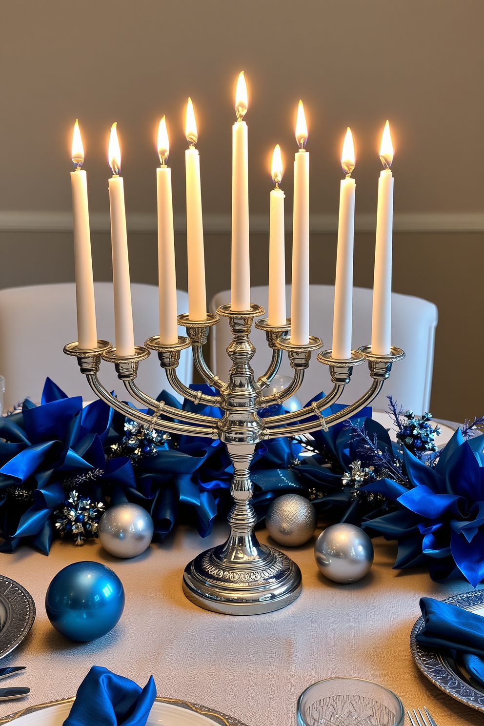 A festive setting featuring DIY paper dreidel decorations in vibrant colors hanging from the ceiling. The room is adorned with string lights and a beautifully set table with a blue and silver tablecloth, complete with candles and traditional Hanukkah treats.