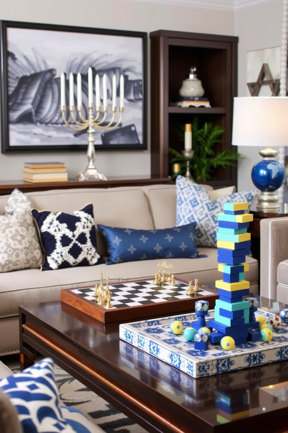 Interactive games displayed as decor create a playful and engaging atmosphere in any living space. Consider incorporating a vintage chess set on a coffee table or a colorful Jenga tower as a centerpiece to invite conversation and interaction. Hanukkah decorating ideas can beautifully blend tradition with modern aesthetics. Use blue and silver color schemes with elegant menorahs, decorative dreidels, and star of David accents to create a festive yet sophisticated ambiance.