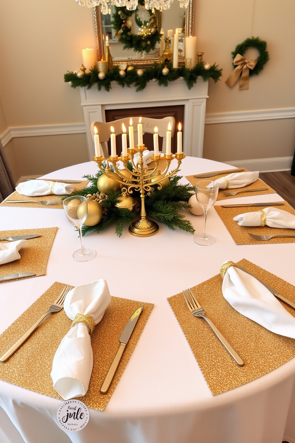 A festive table setting adorned with gold accents creates a warm and inviting atmosphere. The table is elegantly dressed with a white tablecloth, and shimmering gold placemats are placed under each setting. Delicate gold napkin rings hold crisp white napkins, adding a touch of luxury. Centered on the table is a stunning menorah, beautifully lit, surrounded by festive decorations and seasonal greenery.