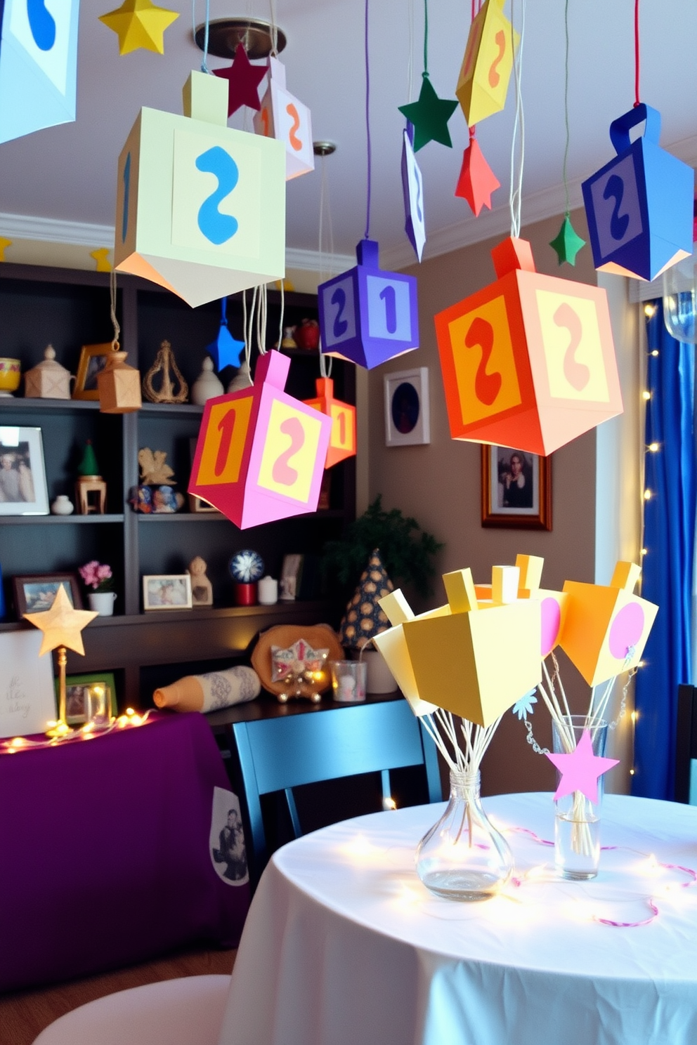 A cozy and festive atmosphere filled with DIY dreidel decorations. Colorful paper dreidels hang from the ceiling, while a table is adorned with handmade dreidel centerpieces and twinkling fairy lights.