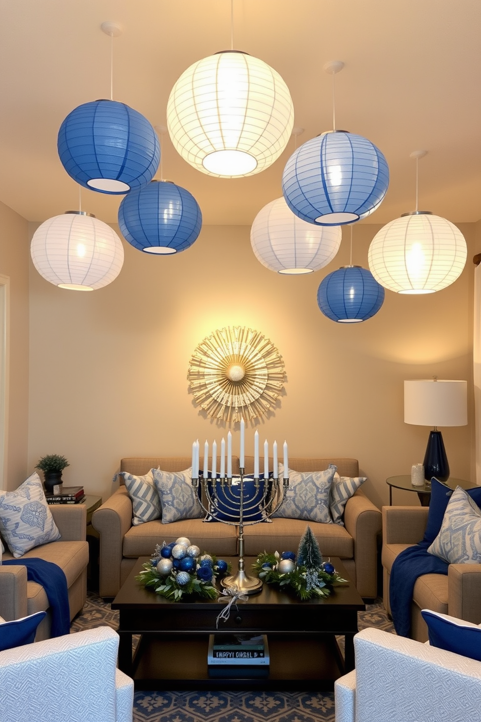 Create a cozy living room setting adorned with hanging paper lanterns that provide a warm and inviting ambiance. The lanterns are suspended at varying heights from the ceiling, casting soft shadows and creating a magical atmosphere. Incorporate festive Hanukkah decorations throughout the space. A beautifully arranged menorah sits on the coffee table, surrounded by blue and silver accents that enhance the holiday spirit.