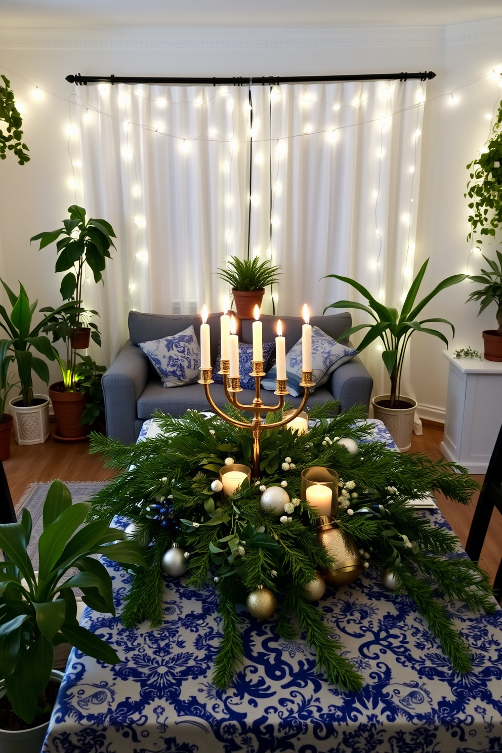 A cozy living room adorned with fresh greenery, featuring potted plants in various sizes placed strategically around the space. Soft, warm candlelight flickers from elegant holders, creating a serene ambiance complemented by twinkling string lights draped across the room. A festive dining table set for Hanukkah, decorated with a beautiful blue and white tablecloth. Centered on the table is a menorah surrounded by fresh greenery, candles, and delicate ornaments to enhance the holiday spirit.