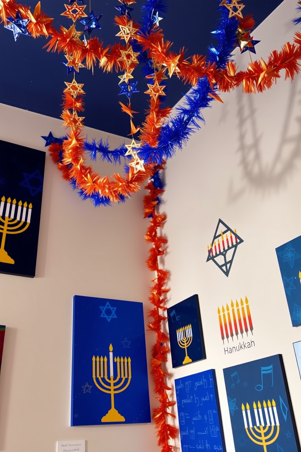 Artistic wall decor featuring Hanukkah themes. The walls are adorned with a mix of vibrant blue and gold artwork depicting menorahs and dreidels, creating a festive atmosphere. Brightly colored garlands of stars and candles hang from the ceiling, enhancing the celebratory feel. Soft lighting highlights the artwork, casting a warm glow throughout the room.