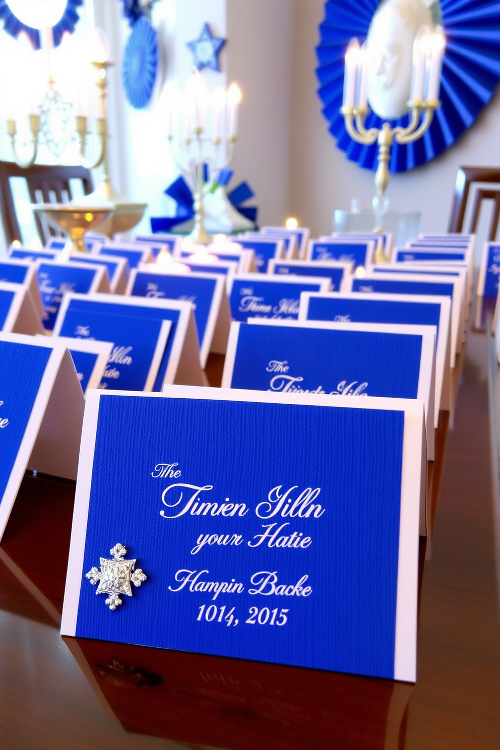 Personalized place cards for guests. Each card features elegant calligraphy on a rich blue background, adorned with silver star of David accents. Hanukkah decorating ideas. The space is filled with warm candlelight from beautifully arranged menorahs, and vibrant blue and white decorations create a festive atmosphere.