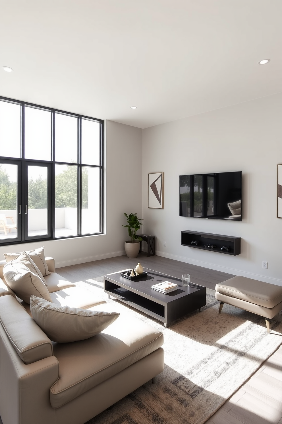 A sleek game room featuring a low-profile sectional sofa in a neutral color, complemented by a geometric area rug. The walls are adorned with minimalist art pieces, and a wall-mounted TV is positioned above a simple media console. In one corner, a stylish pool table is surrounded by contemporary bar stools. Soft ambient lighting illuminates the space, creating a cozy atmosphere for gaming and relaxation.