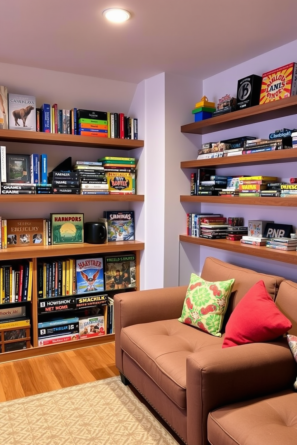 Open shelving lines the walls of a vibrant game room, showcasing an array of board games and collectibles. The shelves are crafted from reclaimed wood, adding warmth and character to the space while maintaining an organized look. A cozy seating area is positioned nearby, featuring a plush sectional sofa adorned with colorful throw pillows. The room is illuminated by soft, ambient lighting, creating an inviting atmosphere perfect for game nights with friends and family.