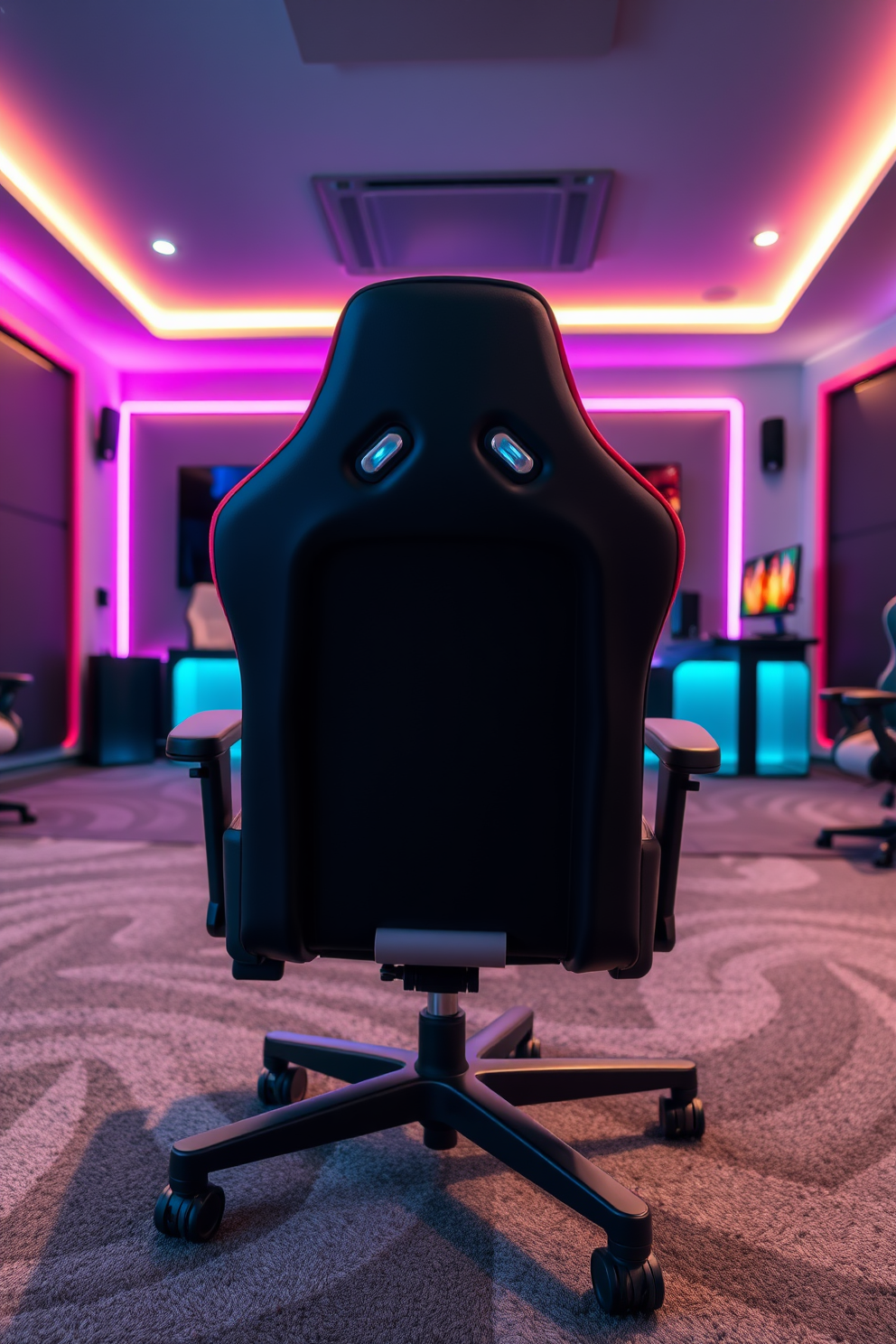 A sleek gaming chair designed with ergonomic support features a high backrest and adjustable armrests for maximum comfort. The chair is upholstered in a breathable fabric and comes in a vibrant color that complements the overall aesthetic of the game room. The game room is styled with modern decor, including a large wall-mounted screen and ambient LED lighting. Plush carpets and soundproof panels enhance the immersive gaming experience, creating a perfect atmosphere for both casual and competitive play.