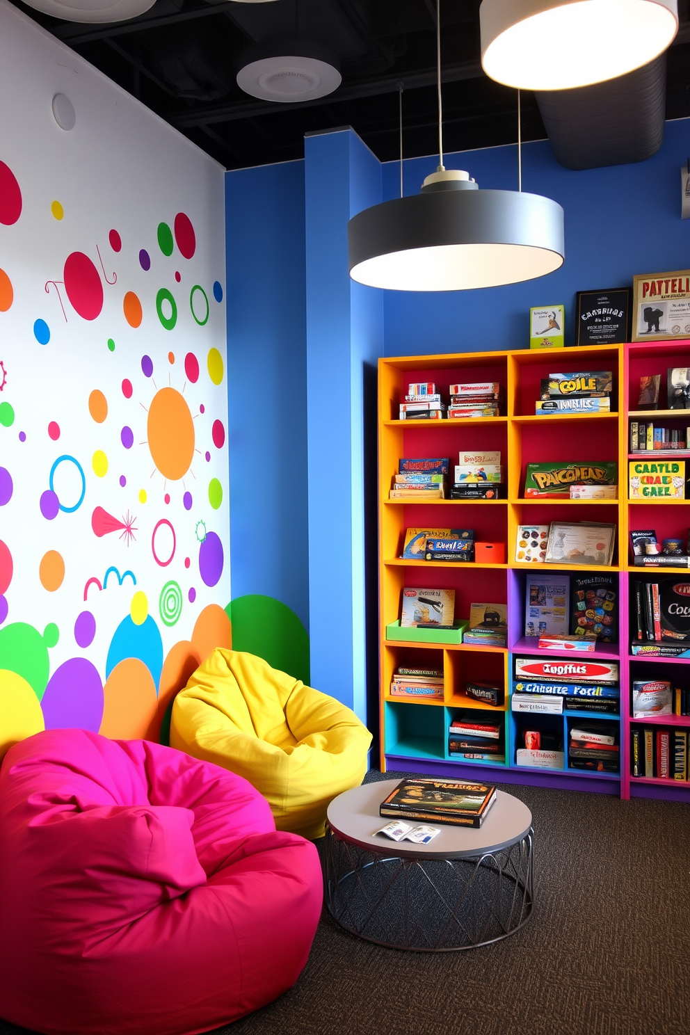 A bright mural featuring whimsical shapes and vibrant colors covers one wall, creating an energetic and playful atmosphere. The room includes a cozy seating area with bean bag chairs and a low coffee table, perfect for games and relaxation. Colorful shelves display an array of board games and toys, inviting creativity and fun. Soft lighting fixtures hang from the ceiling, enhancing the cheerful ambiance while providing ample illumination for activities.