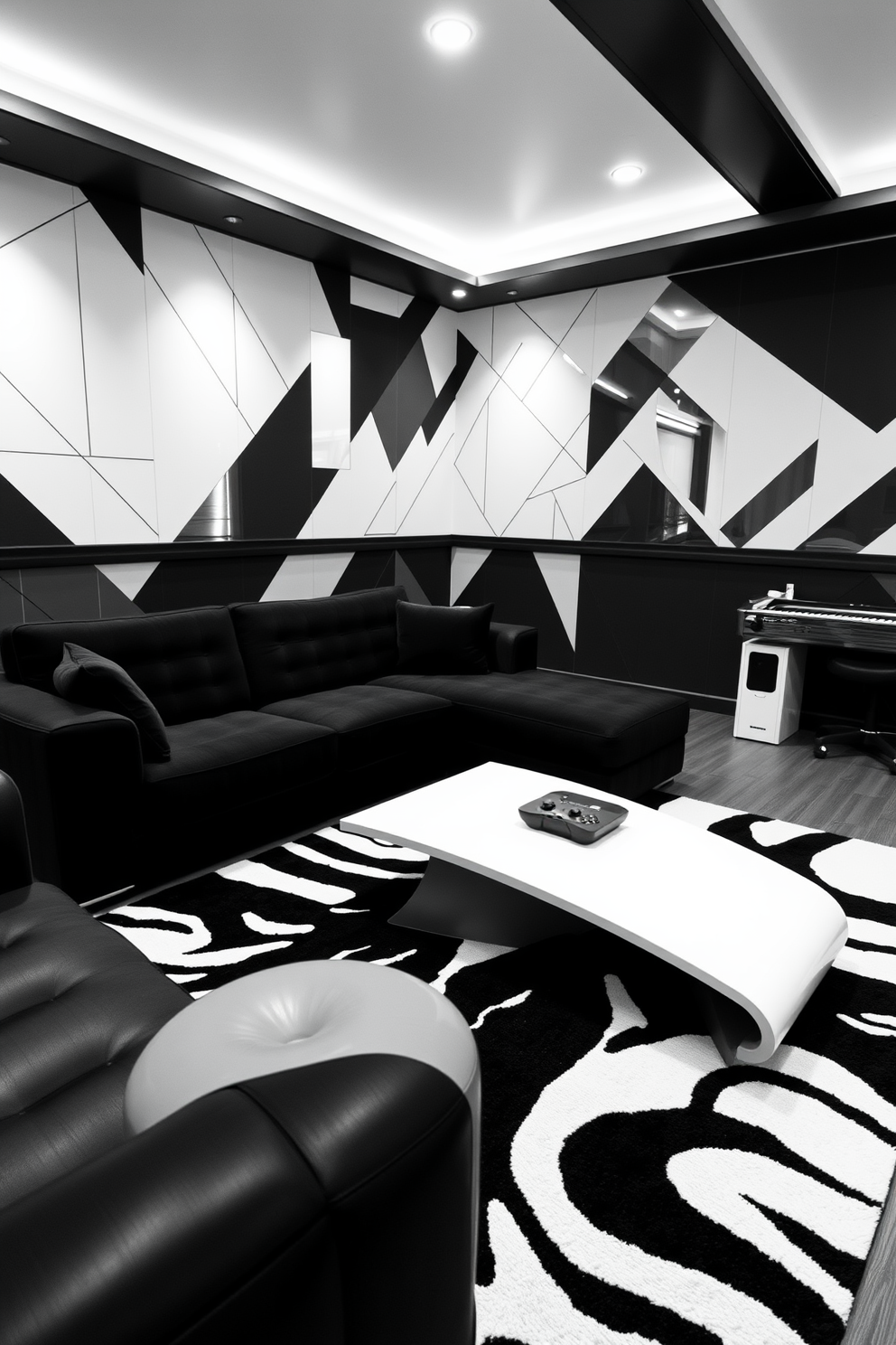 A striking game room featuring a black and white monochrome design. The walls are adorned with geometric patterns while sleek black furniture contrasts with white accents throughout the space. A plush black sectional sofa is positioned around a modern white coffee table. A bold black and white rug anchors the seating area, creating a cozy atmosphere for gaming and relaxation.