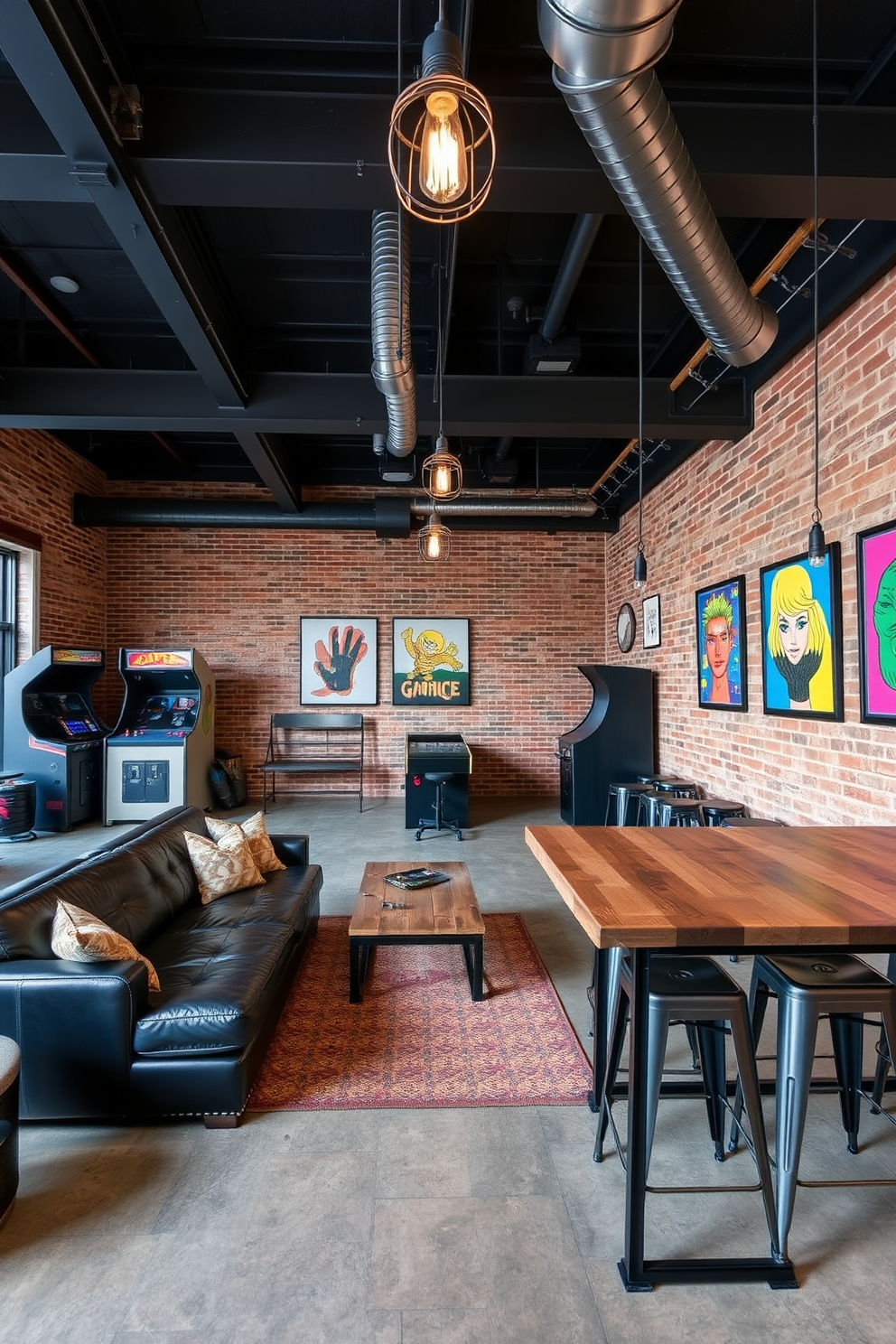 A modern game room featuring an industrial style with exposed brick walls and metal finishes. The space includes a large sectional sofa in dark leather, a reclaimed wood coffee table, and a custom-built bar with metal stools. The lighting consists of pendant lights with Edison bulbs hanging from the ceiling beams. Accessories include vintage arcade games and framed artwork with bold colors to enhance the playful atmosphere.