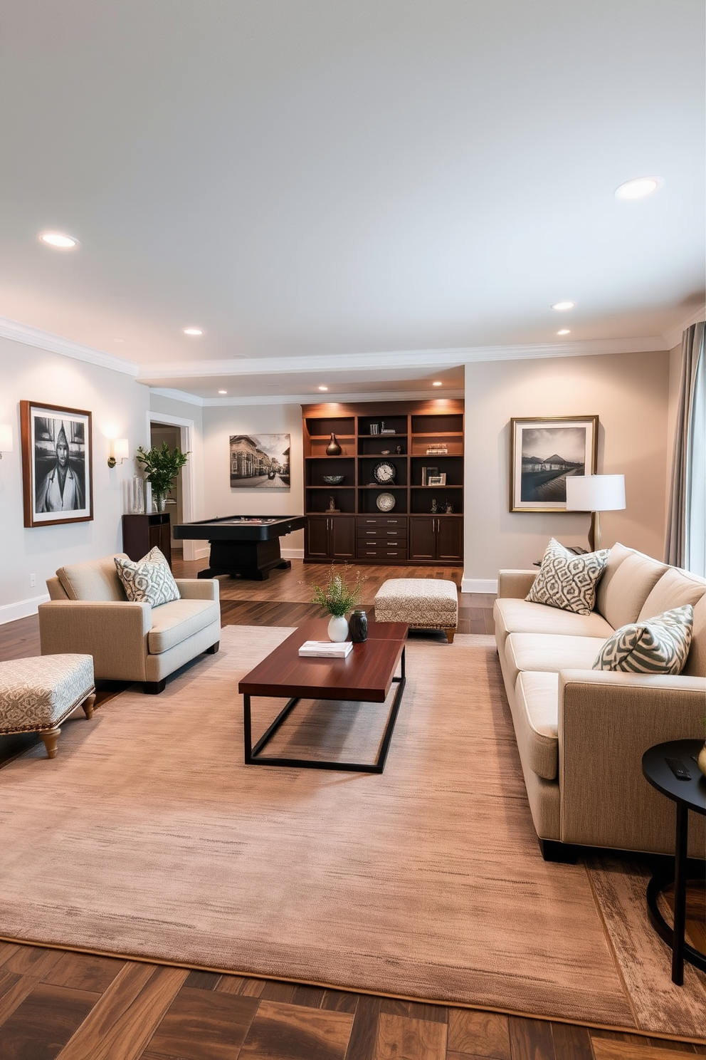 Understated elegance with neutral tones. The game room features a soft beige sectional sofa paired with a sleek wooden coffee table. Warm ambient lighting creates a cozy atmosphere. A large area rug in muted gray anchors the space, while framed artwork in soft earth tones adorns the walls.