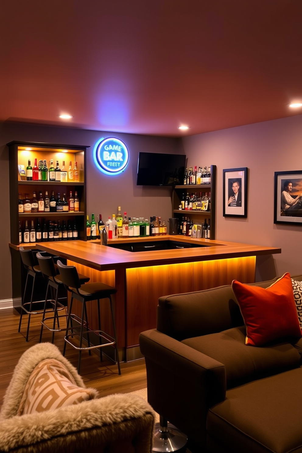 A stylish game room bar designed for refreshments. The bar features a sleek wooden countertop with high stools and an array of colorful bottles displayed on open shelves. Soft ambient lighting creates a cozy atmosphere, while a neon sign adds a playful touch. The walls are adorned with framed artwork, and a plush area rug anchors the seating arrangement.