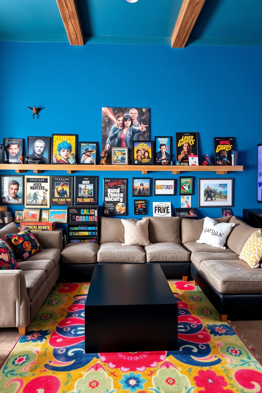 A stylish game room featuring modular furniture that allows for flexible layouts. The space includes a contemporary sectional sofa that can be rearranged, a sleek coffee table, and colorful poufs scattered around for additional seating. The walls are adorned with playful artwork and shelves filled with board games and books. A large area rug anchors the seating area, and soft ambient lighting creates a warm and inviting atmosphere.