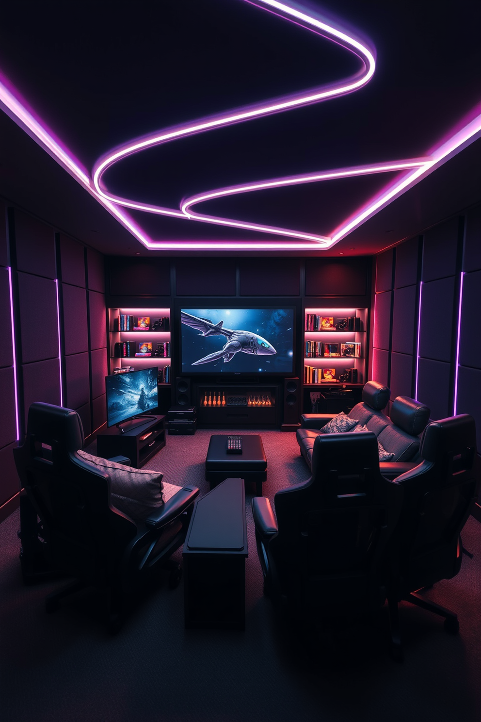 A soundproof game room designed for an immersive gaming experience. The walls are lined with acoustic panels in dark colors to minimize noise and enhance sound quality. Comfortable seating includes a plush sectional sofa and ergonomic gaming chairs arranged around a large screen. Ambient lighting creates a dynamic atmosphere, with LED strips illuminating the shelves filled with games and collectibles.