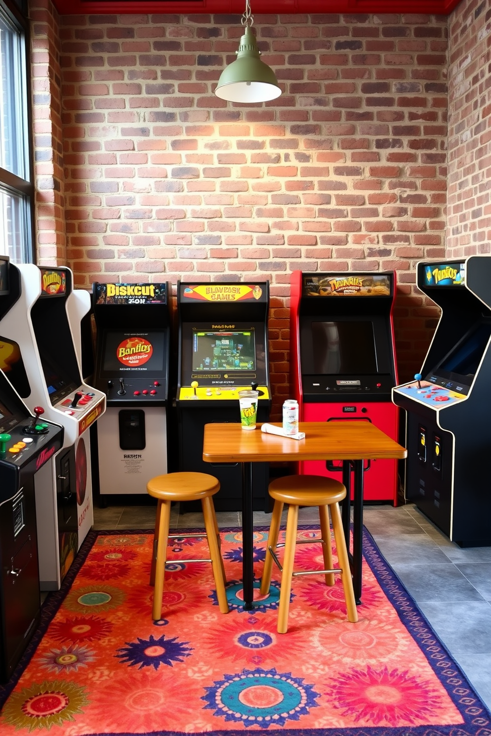 A cozy retro arcade game setup featuring vibrant neon lights and vintage arcade machines lined against the walls. A plush sectional sofa in a bold color sits in the center, complemented by a coffee table adorned with retro gaming magazines and snacks.