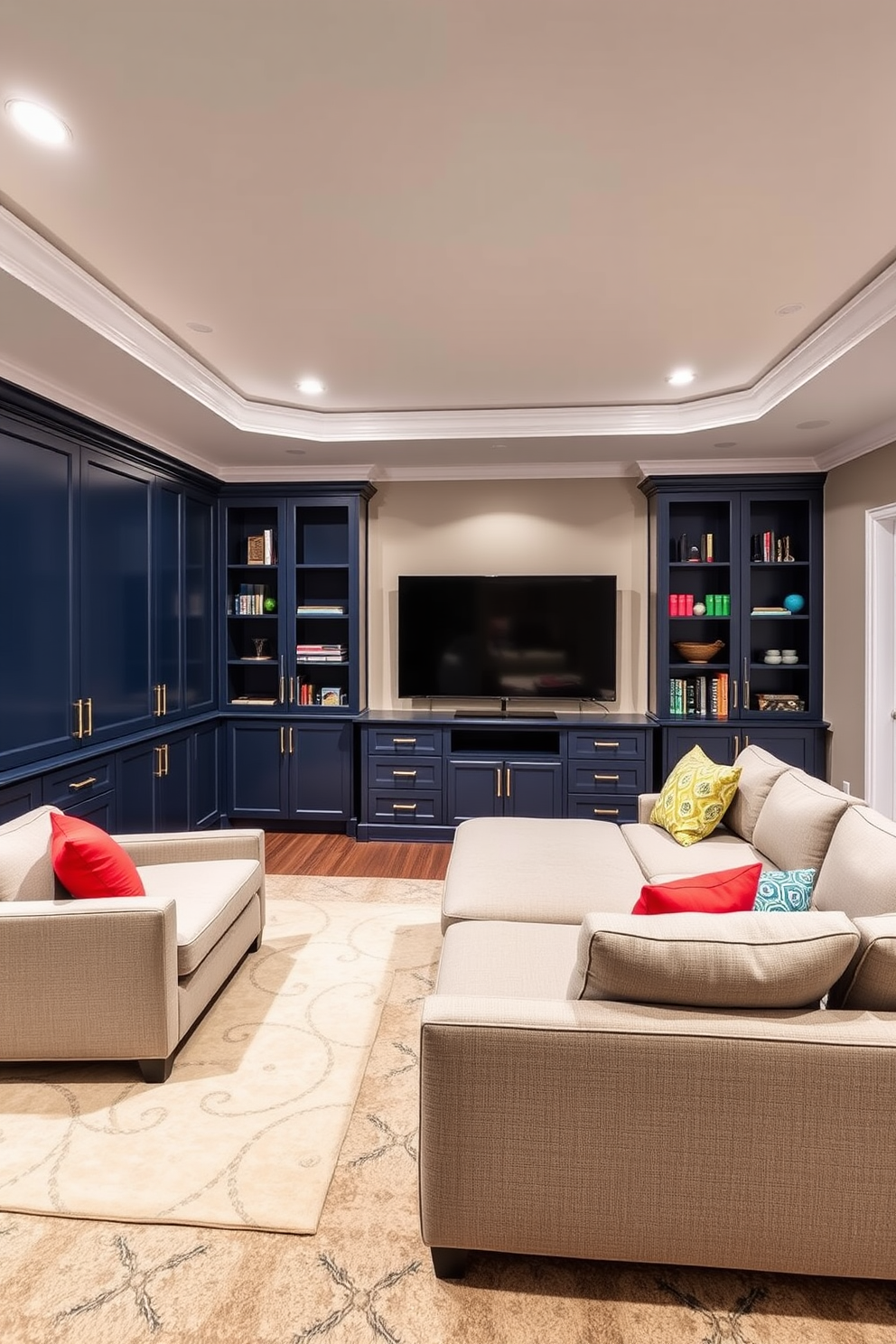 Custom built-in cabinets line the walls of a spacious game room, providing ample storage for games and accessories. The cabinets are finished in a sleek navy blue, complemented by brass hardware that adds a touch of elegance. A plush sectional sofa in a light gray hue faces a large flat-screen TV, creating the perfect entertainment area. Brightly colored throw pillows and a soft area rug enhance the inviting atmosphere of the room.