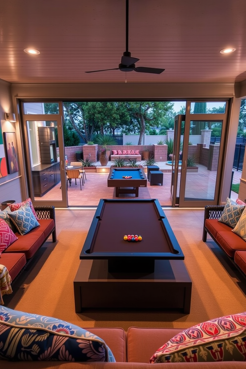 Outdoor game room with patio access. The space features comfortable seating with vibrant cushions, a large coffee table, and a sleek pool table at the center. Large sliding glass doors open to the patio, seamlessly connecting indoor and outdoor spaces. The walls are adorned with playful artwork, and ambient lighting creates a warm and inviting atmosphere.