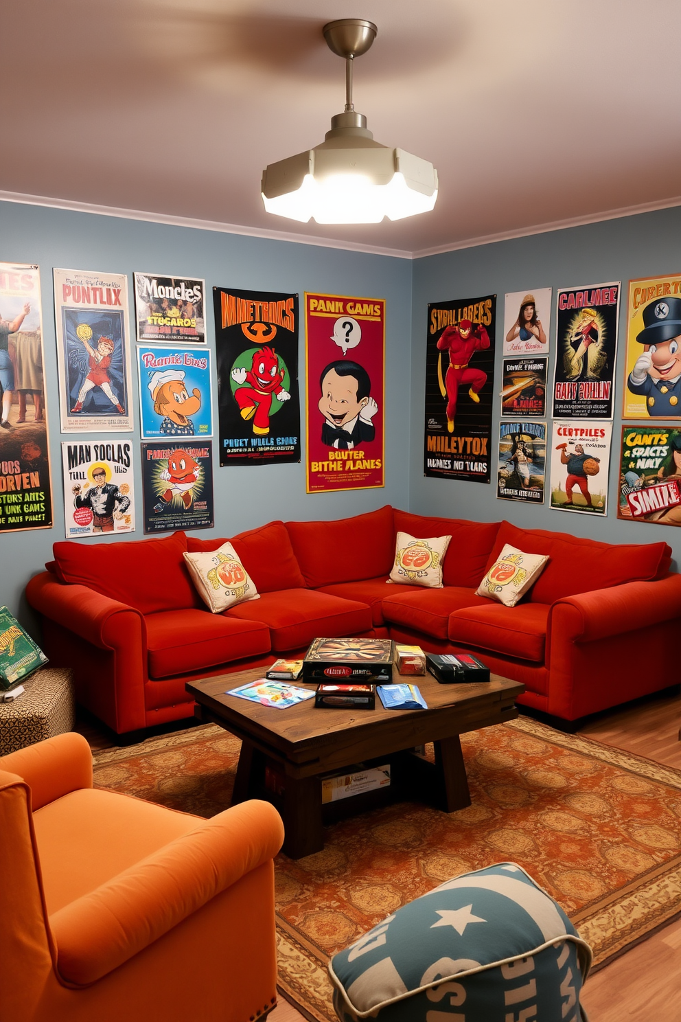 A cozy game room featuring vintage posters that evoke nostalgia. The walls are adorned with colorful retro posters, creating a vibrant atmosphere for relaxation and fun. A plush sectional sofa in a warm hue invites guests to sit and enjoy the space. A rustic coffee table sits in the center, surrounded by a selection of board games and snacks for entertainment.