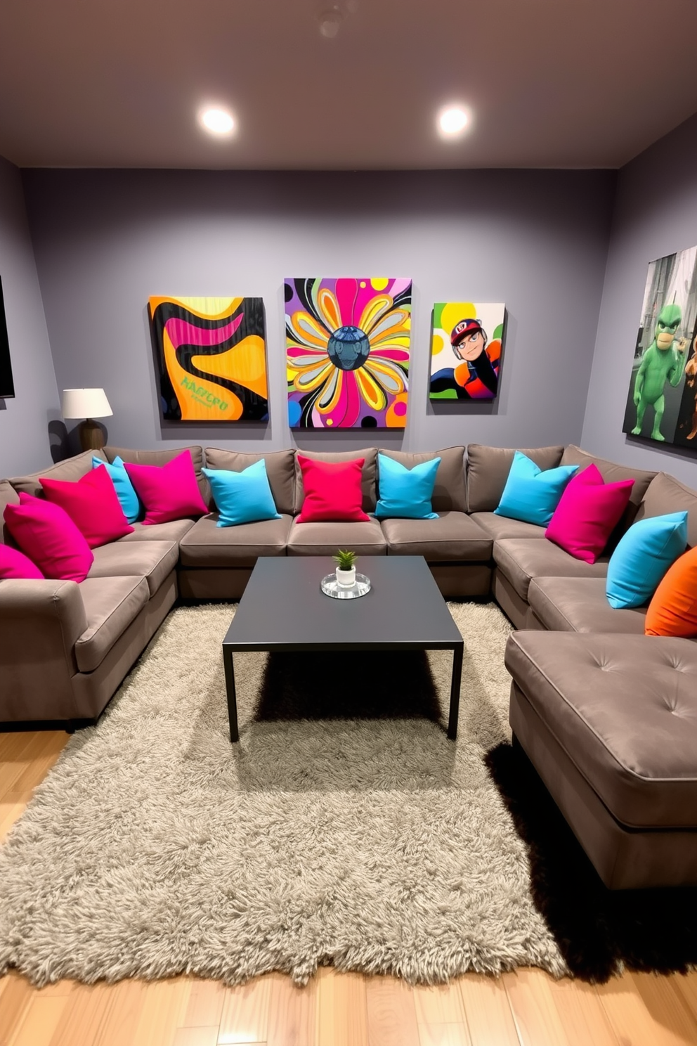 A cozy game room designed for relaxation and entertainment. The space features a large sectional sofa adorned with bright accent pillows that add a pop of color and comfort. The walls are painted in a soft gray, creating a neutral backdrop for vibrant artwork. A sleek coffee table sits in the center, surrounded by plush area rugs that enhance the inviting atmosphere.