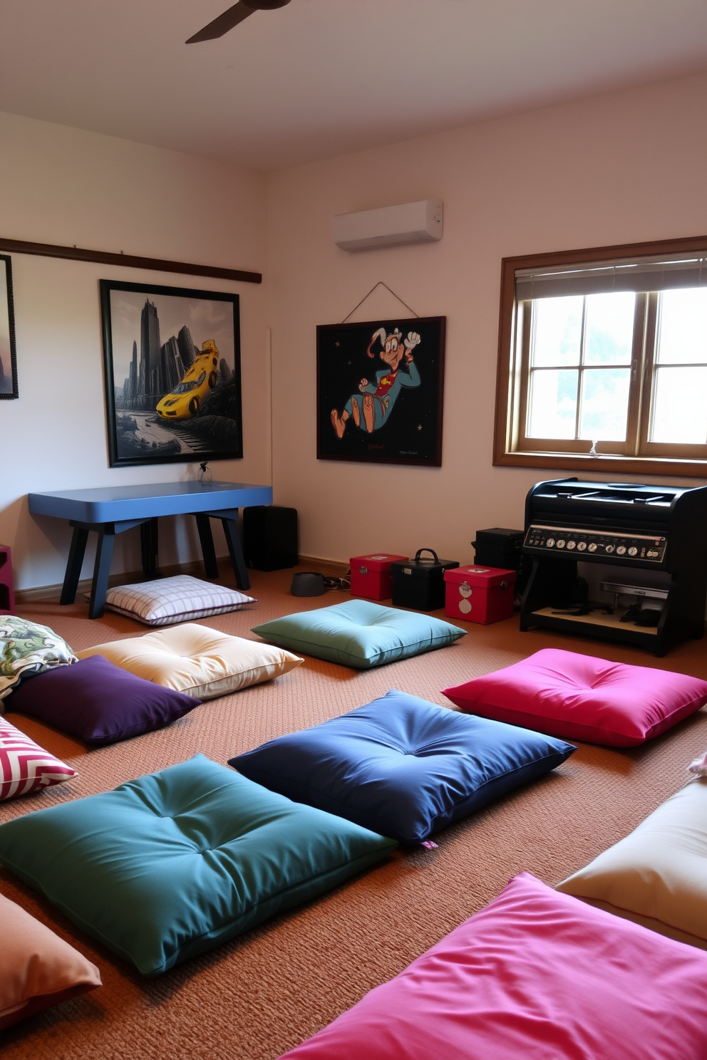 A cozy game room featuring floor cushions arranged in a relaxed seating area. The cushions come in various colors and patterns, inviting a casual and playful atmosphere.