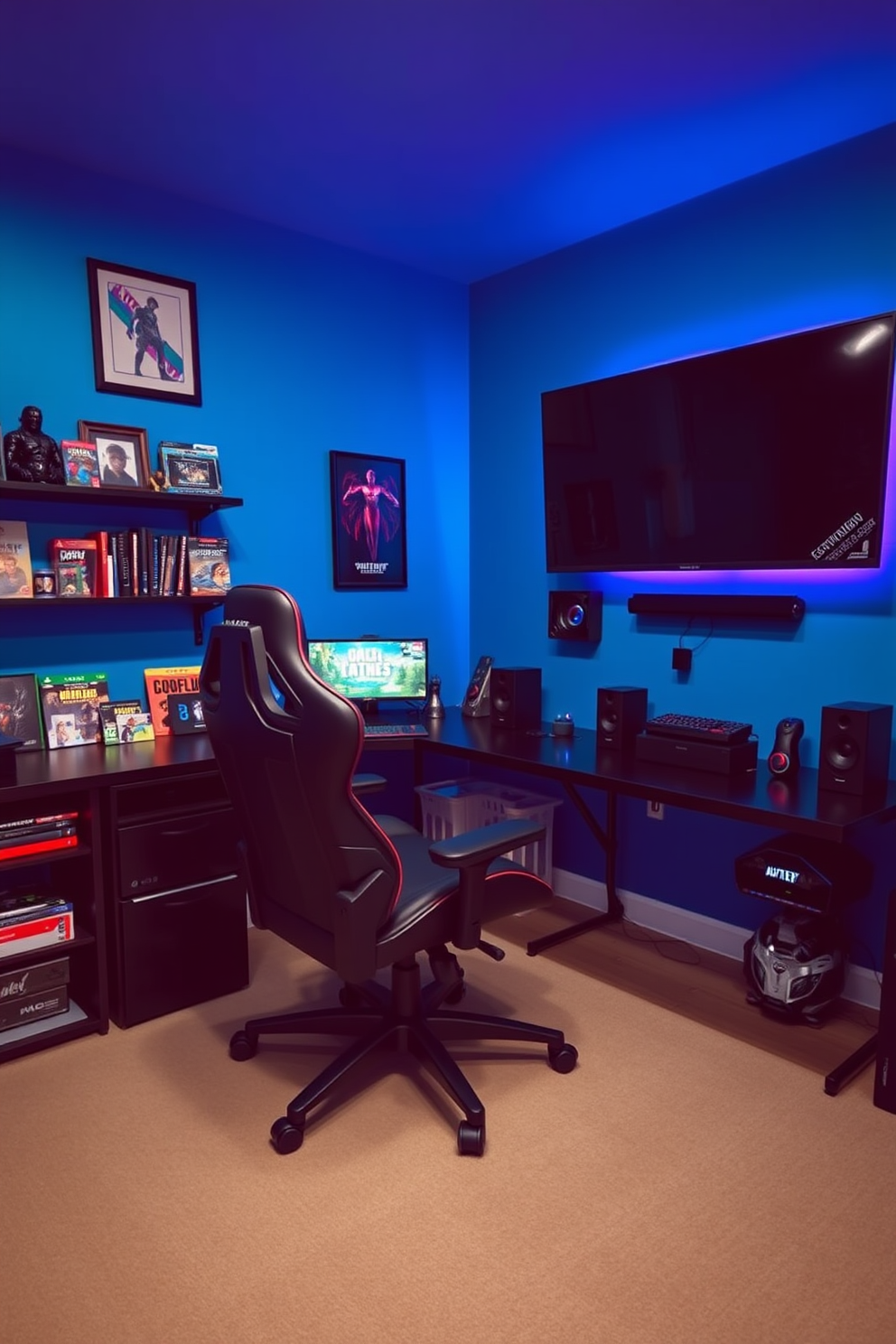 A personalized gaming setup features a sleek black desk with an adjustable gaming chair. Surrounding the desk are shelves filled with collectibles and gaming accessories, creating a vibrant atmosphere. The walls are painted in a deep blue hue, enhancing the immersive experience. A large LED screen is mounted on the wall, with ambient lighting that complements the gaming aesthetic.