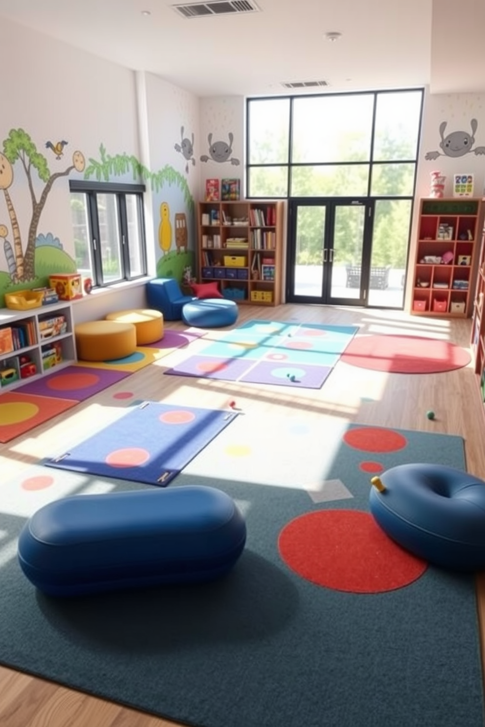 A vibrant game room designed for children featuring interactive floor games. The space is filled with colorful rugs that define play areas and soft seating options for comfort. Walls are adorned with playful murals and shelves stocked with toys and games. Large windows allow natural light to flood the room, creating an inviting atmosphere for creativity and fun.