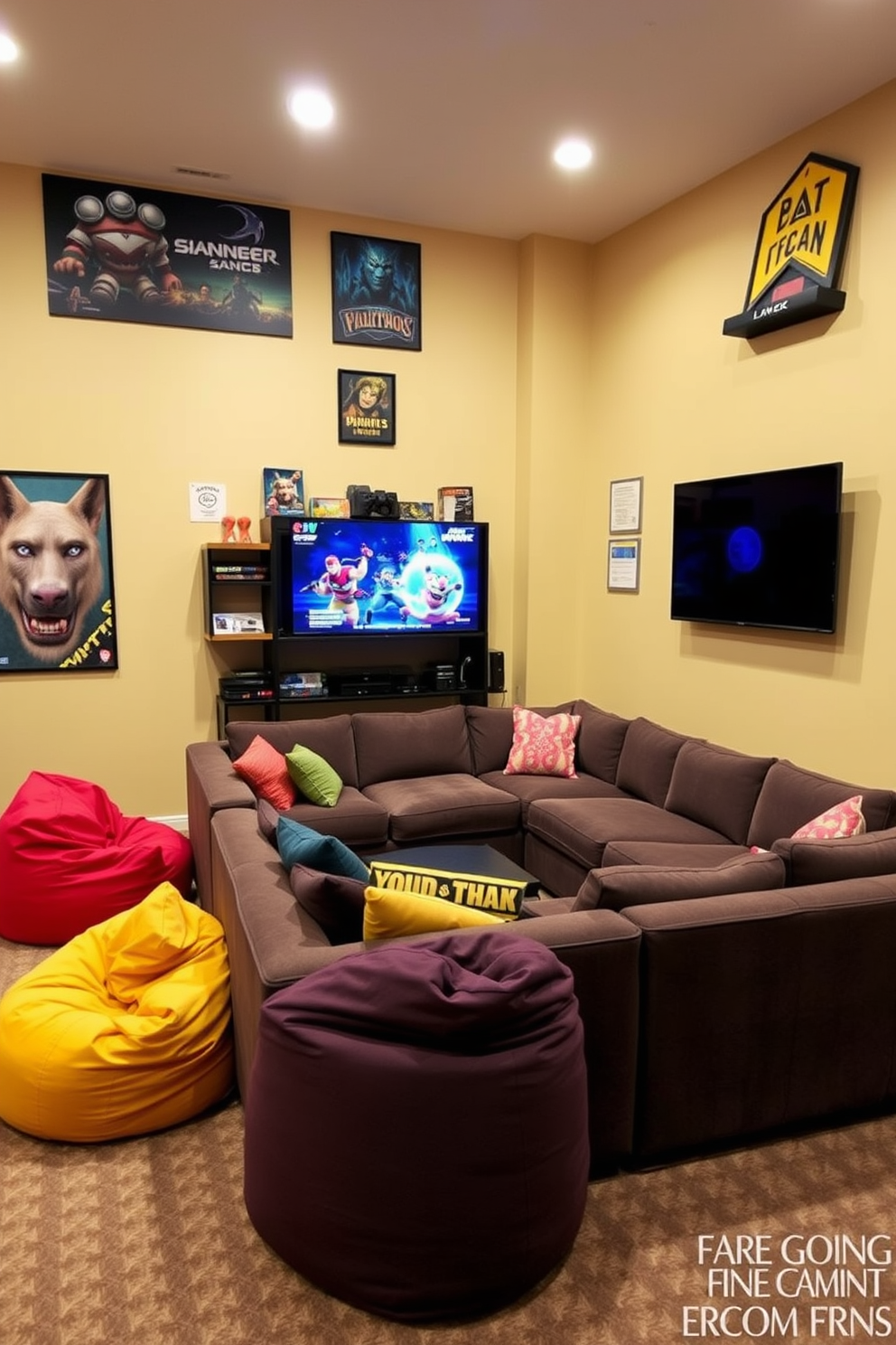 A cozy sectional sofa is positioned in the center of a vibrant game room. Surrounding the sofa are colorful bean bags and a large flat-screen TV mounted on the wall for immersive gaming experiences. The walls are adorned with fun gaming-themed artwork and shelves filled with board games and consoles. Soft lighting creates a warm atmosphere, perfect for long gaming nights with friends and family.