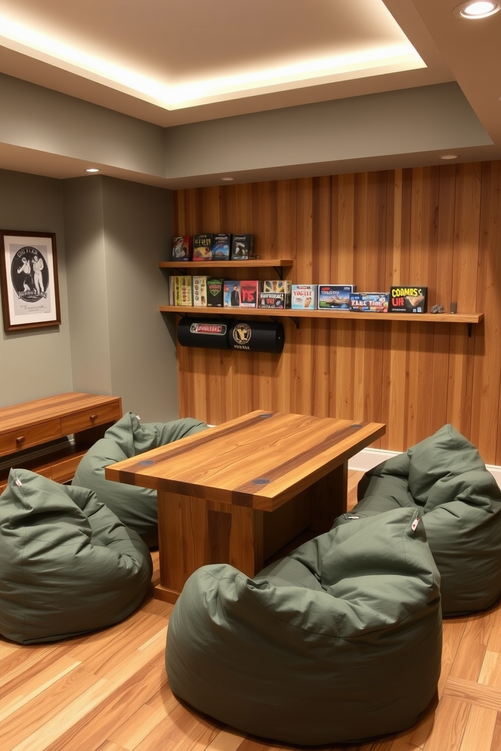 A game room designed with eco-friendly materials features reclaimed wood for the furniture and bamboo flooring. The walls are adorned with low-VOC paint in a calming color, and the lighting includes energy-efficient LED fixtures. The space includes a large, sustainable gaming table made from recycled materials, surrounded by comfortable, organic cotton bean bags. A wall-mounted shelf displays board games made from eco-friendly resources, creating a fun and inviting atmosphere.