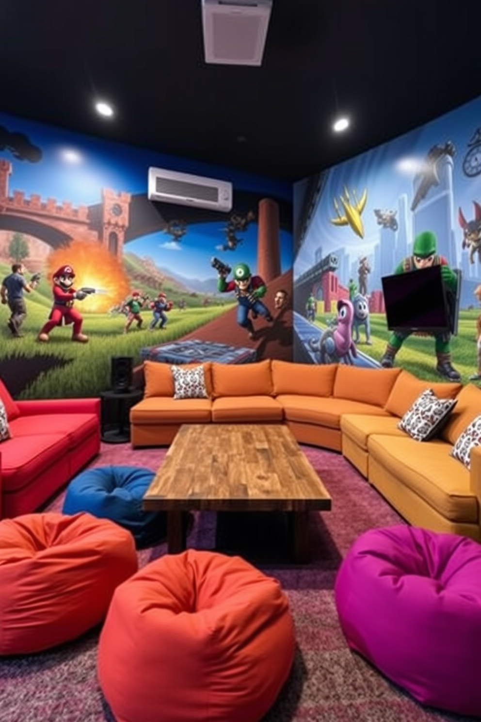 A vibrant game room inspired by favorite video games. The walls are adorned with large, colorful murals depicting iconic scenes and characters from popular games, creating an immersive atmosphere. A comfortable sectional sofa in bold colors provides ample seating for gaming sessions. A sleek coffee table made from reclaimed wood sits in the center, surrounded by plush bean bags for additional seating.