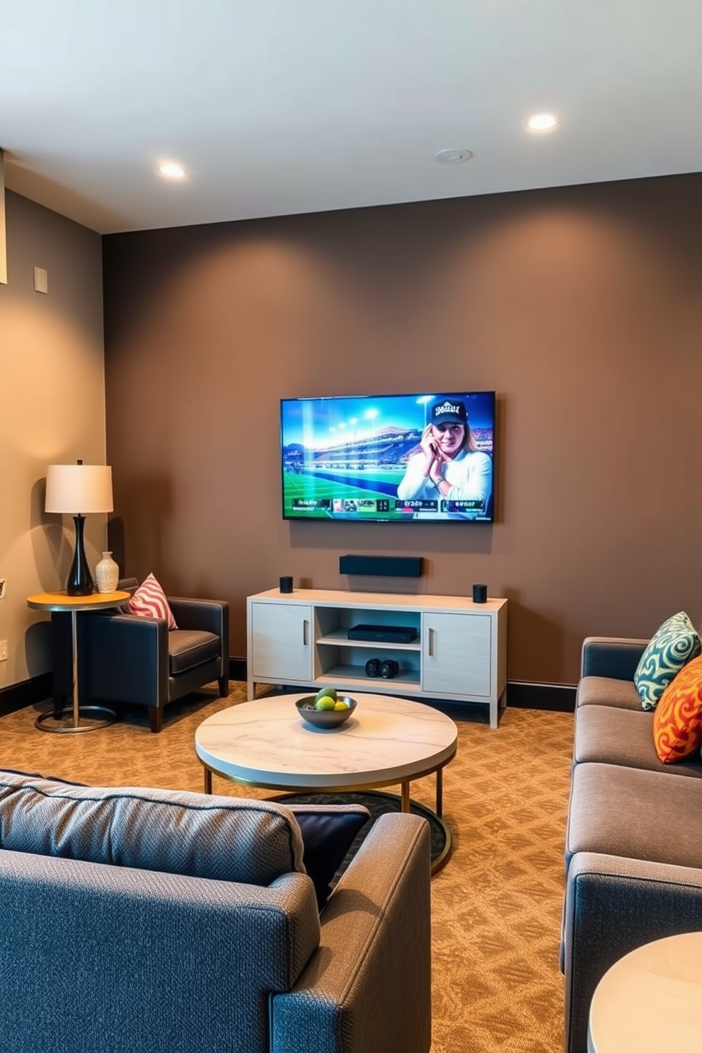 A vibrant sports-themed game room filled with memorabilia showcasing various sports teams. The walls are adorned with framed jerseys, signed photographs, and vintage sports equipment, creating an immersive atmosphere. In the center, a large sectional sofa in team colors faces a big-screen television mounted above a sleek media console. A custom-built bar area features team-themed decor, with stools that invite friends to gather and enjoy the game.