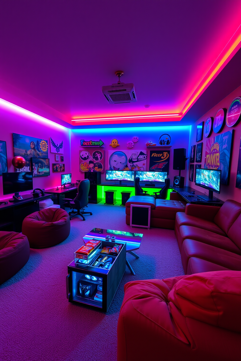 A vibrant game room filled with colorful LED lighting that creates an inviting ambiance. The walls are adorned with playful artwork, and a plush sectional sofa invites relaxation while enjoying gaming sessions. The room features a sleek gaming console setup with multiple screens and comfortable gaming chairs. A stylish coffee table sits in the center, surrounded by bean bags and a mini fridge stocked with snacks.