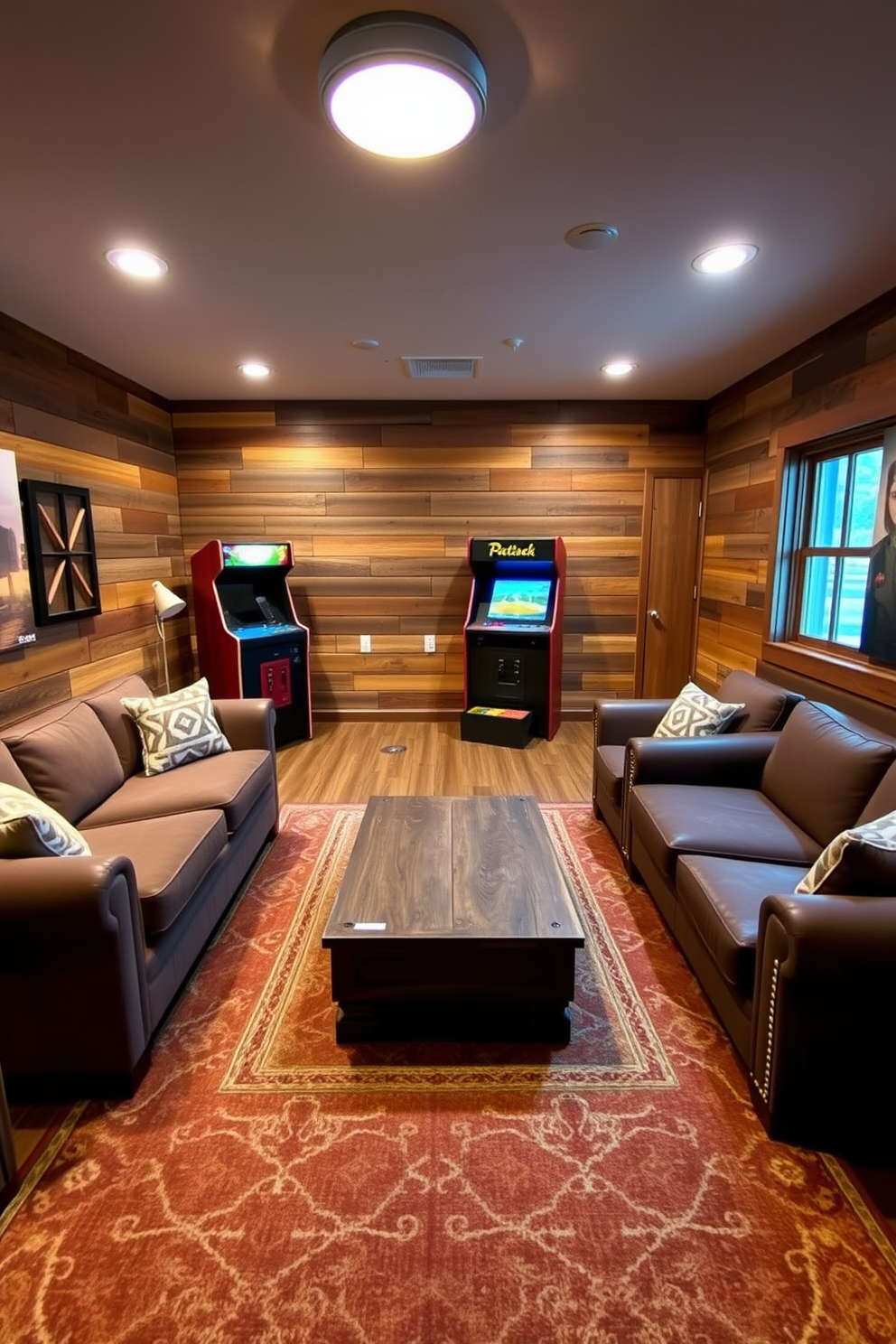 A cozy game room featuring rustic wood accents that create a warm and inviting atmosphere. The walls are adorned with reclaimed wood paneling, and there are plush seating options arranged around a central coffee table made of distressed wood. In one corner, a vintage-style arcade machine adds a playful touch, while soft, ambient lighting enhances the relaxed vibe. A large area rug with earthy tones anchors the space, complementing the wooden elements and inviting friends and family to gather and enjoy.